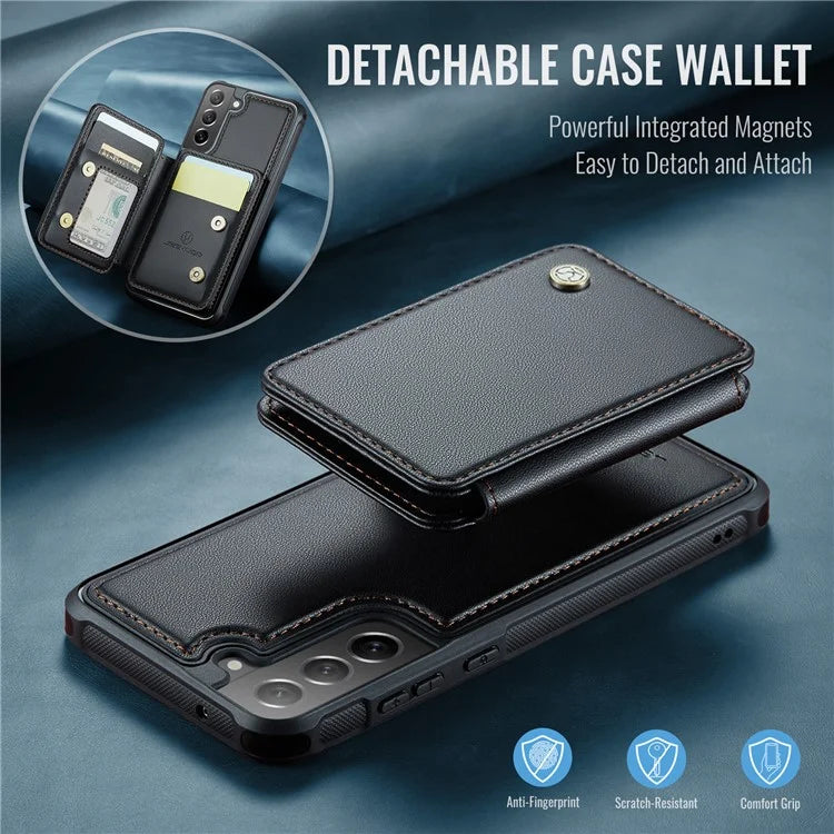 JEEHOOD J05 For Samsung Galaxy S21 FE 5G Magnetic Case PU+TPU Kickstand Phone Cover Detachable Card Bag