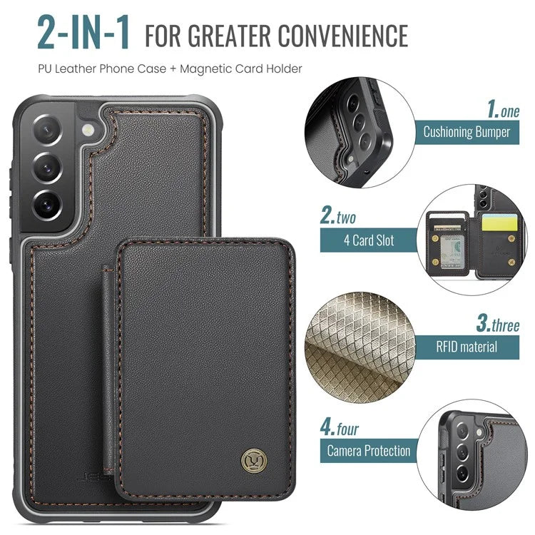 JEEHOOD J05 For Samsung Galaxy S21 FE 5G Magnetic Case PU+TPU Kickstand Phone Cover Detachable Card Bag