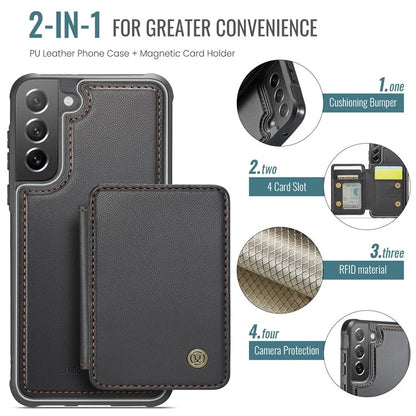 JEEHOOD J05 For Samsung Galaxy S21 FE 5G Magnetic Case PU+TPU Kickstand Phone Cover Detachable Card Bag