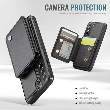 JEEHOOD J05 For Samsung Galaxy S21 FE 5G Magnetic Case PU+TPU Kickstand Phone Cover Detachable Card Bag