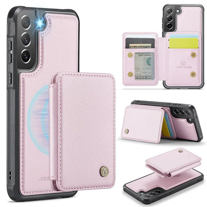 JEEHOOD J05 For Samsung Galaxy S21 FE 5G Magnetic Case PU+TPU Kickstand Phone Cover Detachable Card Bag