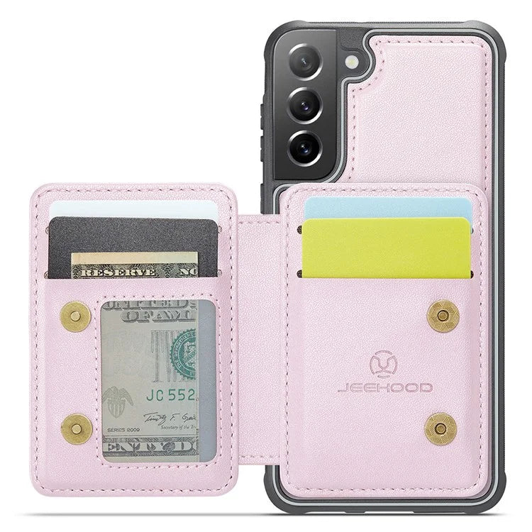 JEEHOOD J05 For Samsung Galaxy S21 FE 5G Magnetic Case PU+TPU Kickstand Phone Cover Detachable Card Bag