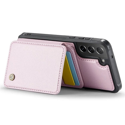 JEEHOOD J05 For Samsung Galaxy S21 FE 5G Magnetic Case PU+TPU Kickstand Phone Cover Detachable Card Bag
