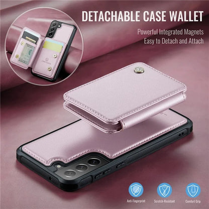 JEEHOOD J05 For Samsung Galaxy S21 FE 5G Magnetic Case PU+TPU Kickstand Phone Cover Detachable Card Bag