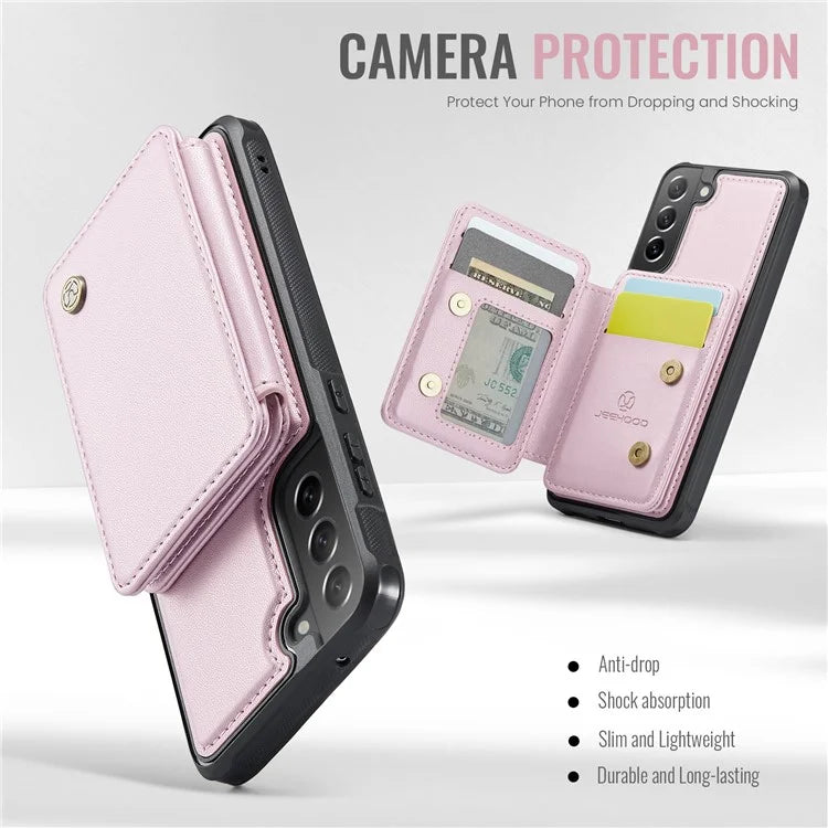 JEEHOOD J05 For Samsung Galaxy S21 FE 5G Magnetic Case PU+TPU Kickstand Phone Cover Detachable Card Bag
