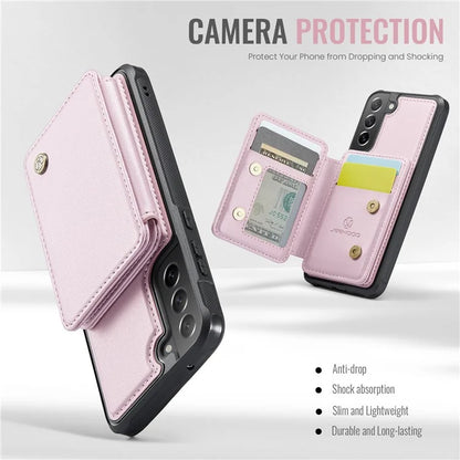 JEEHOOD J05 For Samsung Galaxy S21 FE 5G Magnetic Case PU+TPU Kickstand Phone Cover Detachable Card Bag
