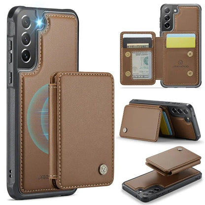 JEEHOOD J05 For Samsung Galaxy S21 FE 5G Magnetic Case PU+TPU Kickstand Phone Cover Detachable Card Bag