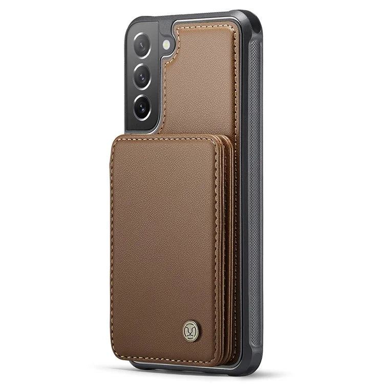 JEEHOOD J05 For Samsung Galaxy S21 FE 5G Magnetic Case PU+TPU Kickstand Phone Cover Detachable Card Bag