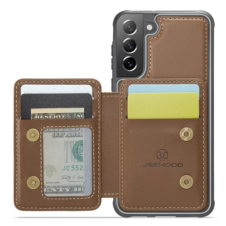 JEEHOOD J05 For Samsung Galaxy S21 FE 5G Magnetic Case PU+TPU Kickstand Phone Cover Detachable Card Bag