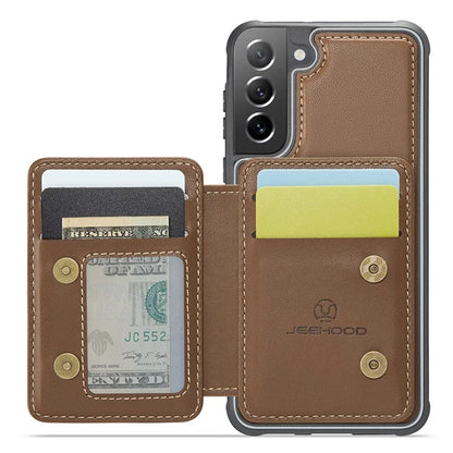 JEEHOOD J05 For Samsung Galaxy S21 FE 5G Magnetic Case PU+TPU Kickstand Phone Cover Detachable Card Bag