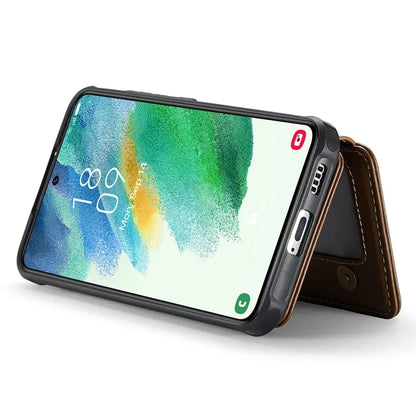 JEEHOOD J05 For Samsung Galaxy S21 FE 5G Magnetic Case PU+TPU Kickstand Phone Cover Detachable Card Bag