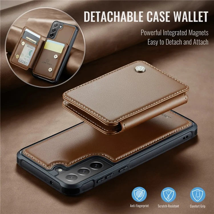 JEEHOOD J05 For Samsung Galaxy S21 FE 5G Magnetic Case PU+TPU Kickstand Phone Cover Detachable Card Bag