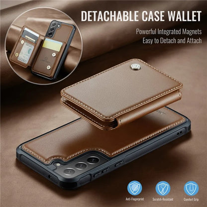 JEEHOOD J05 For Samsung Galaxy S21 FE 5G Magnetic Case PU+TPU Kickstand Phone Cover Detachable Card Bag