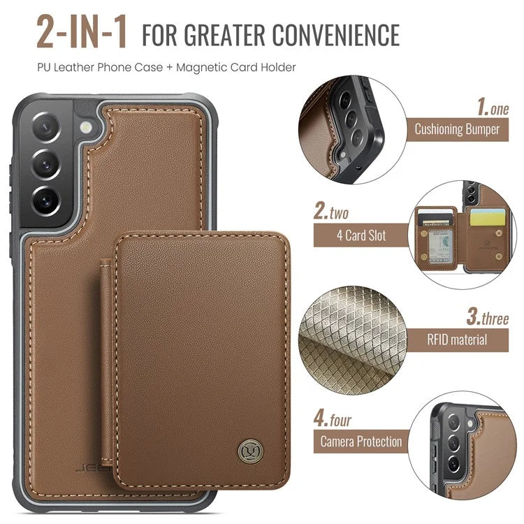 JEEHOOD J05 For Samsung Galaxy S21 FE 5G Magnetic Case PU+TPU Kickstand Phone Cover Detachable Card Bag
