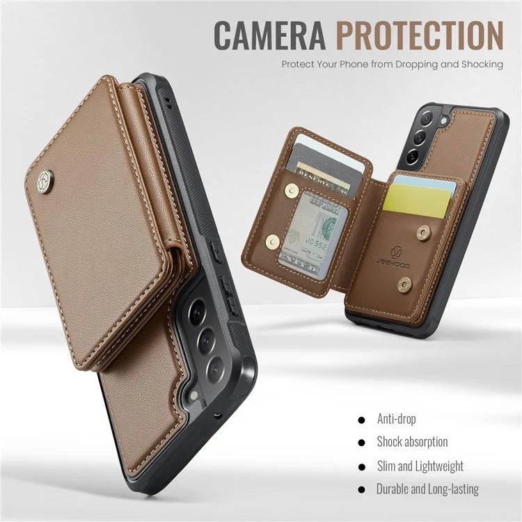 JEEHOOD J05 For Samsung Galaxy S21 FE 5G Magnetic Case PU+TPU Kickstand Phone Cover Detachable Card Bag