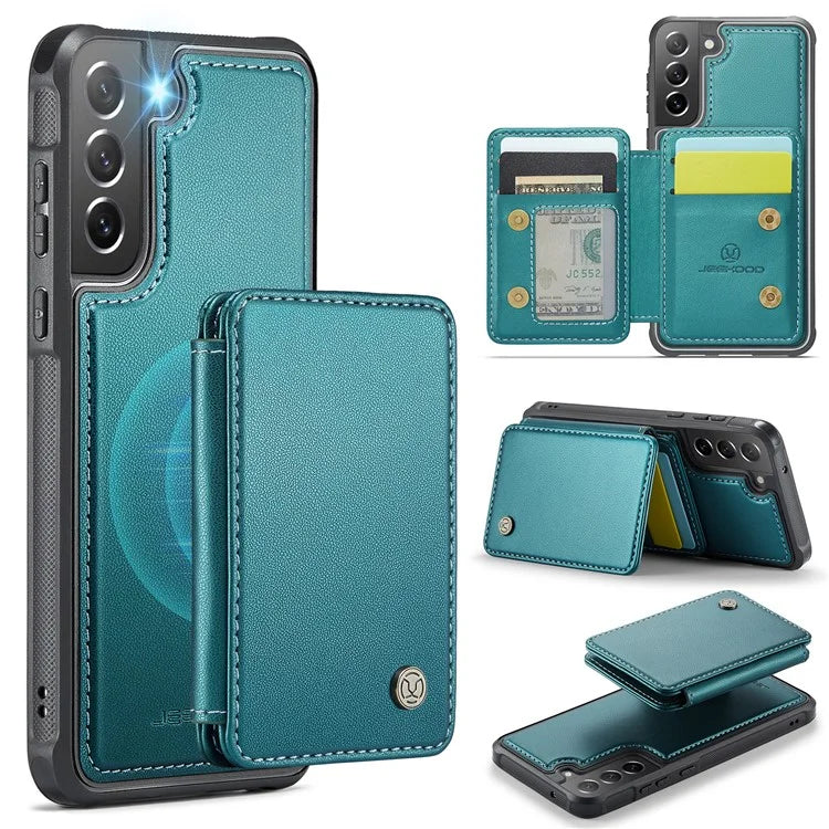 JEEHOOD J05 For Samsung Galaxy S21 FE 5G Magnetic Case PU+TPU Kickstand Phone Cover Detachable Card Bag