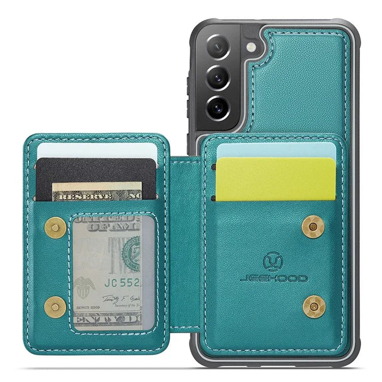 JEEHOOD J05 For Samsung Galaxy S21 FE 5G Magnetic Case PU+TPU Kickstand Phone Cover Detachable Card Bag