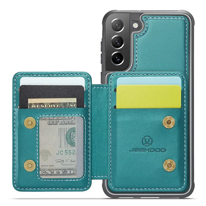 JEEHOOD J05 For Samsung Galaxy S21 FE 5G Magnetic Case PU+TPU Kickstand Phone Cover Detachable Card Bag