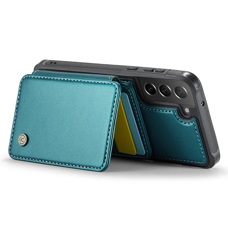 JEEHOOD J05 For Samsung Galaxy S21 FE 5G Magnetic Case PU+TPU Kickstand Phone Cover Detachable Card Bag