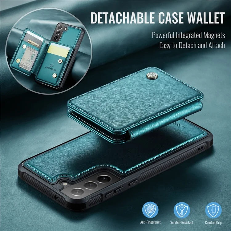 JEEHOOD J05 For Samsung Galaxy S21 FE 5G Magnetic Case PU+TPU Kickstand Phone Cover Detachable Card Bag