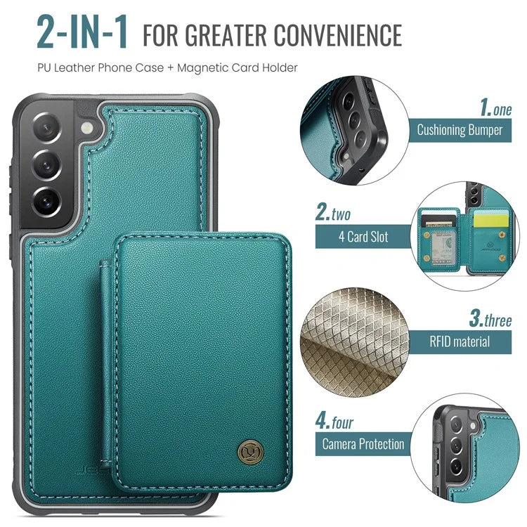 JEEHOOD J05 For Samsung Galaxy S21 FE 5G Magnetic Case PU+TPU Kickstand Phone Cover Detachable Card Bag