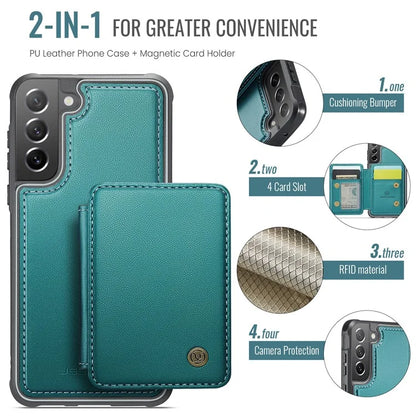 JEEHOOD J05 For Samsung Galaxy S21 FE 5G Magnetic Case PU+TPU Kickstand Phone Cover Detachable Card Bag