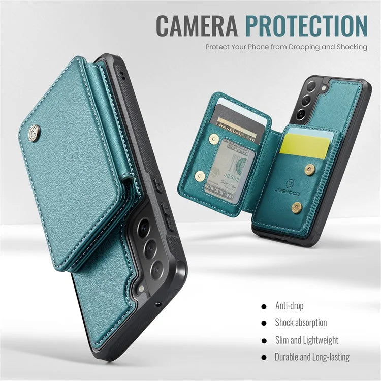 JEEHOOD J05 For Samsung Galaxy S21 FE 5G Magnetic Case PU+TPU Kickstand Phone Cover Detachable Card Bag