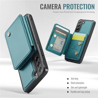 JEEHOOD J05 For Samsung Galaxy S21 FE 5G Magnetic Case PU+TPU Kickstand Phone Cover Detachable Card Bag