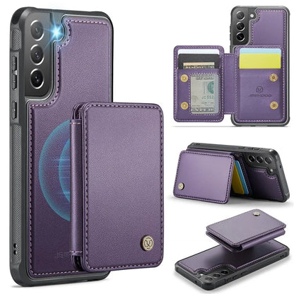 JEEHOOD J05 For Samsung Galaxy S21 FE 5G Magnetic Case PU+TPU Kickstand Phone Cover Detachable Card Bag