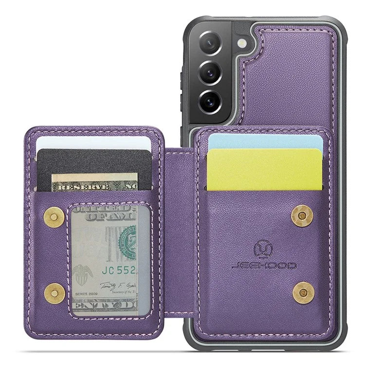 JEEHOOD J05 For Samsung Galaxy S21 FE 5G Magnetic Case PU+TPU Kickstand Phone Cover Detachable Card Bag