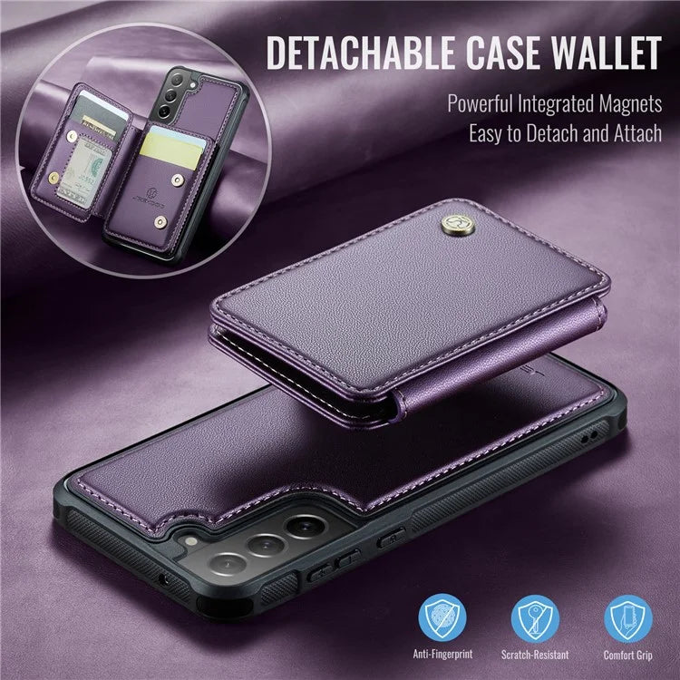 JEEHOOD J05 For Samsung Galaxy S21 FE 5G Magnetic Case PU+TPU Kickstand Phone Cover Detachable Card Bag