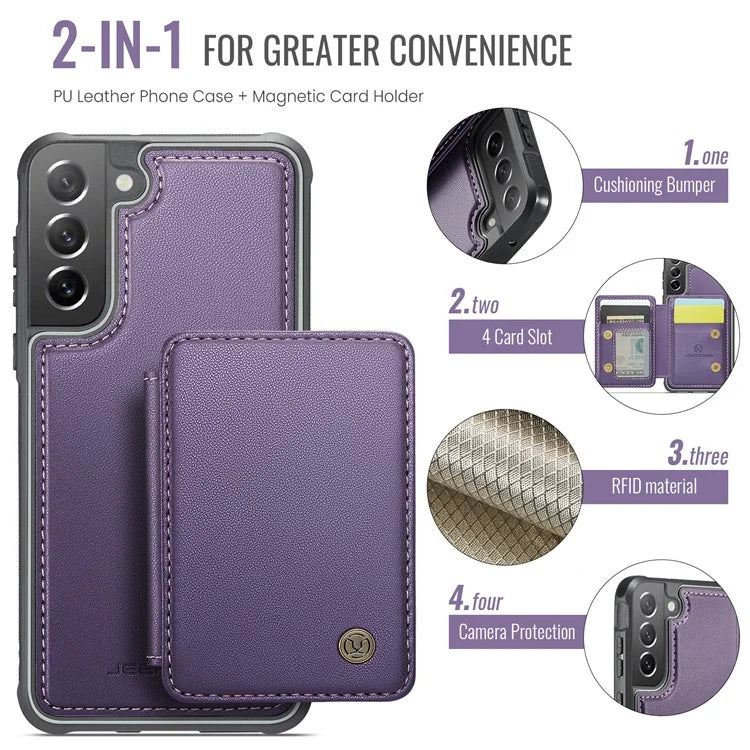 JEEHOOD J05 For Samsung Galaxy S21 FE 5G Magnetic Case PU+TPU Kickstand Phone Cover Detachable Card Bag