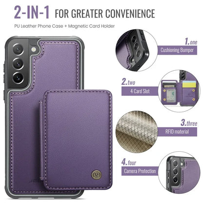 JEEHOOD J05 For Samsung Galaxy S21 FE 5G Magnetic Case PU+TPU Kickstand Phone Cover Detachable Card Bag