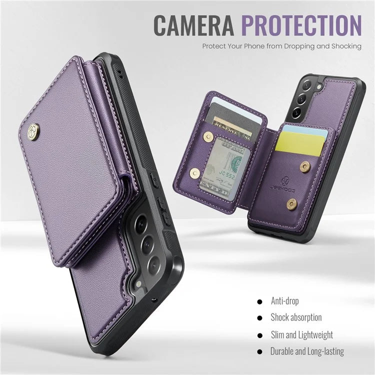 JEEHOOD J05 For Samsung Galaxy S21 FE 5G Magnetic Case PU+TPU Kickstand Phone Cover Detachable Card Bag
