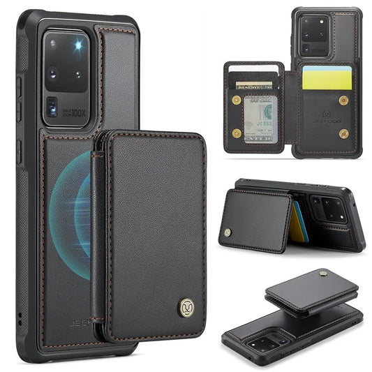 JEEHOOD J05 For Samsung Galaxy S20 Ultra Magnetic Case with Card Bag PU+TPU Kickstand Phone Cover