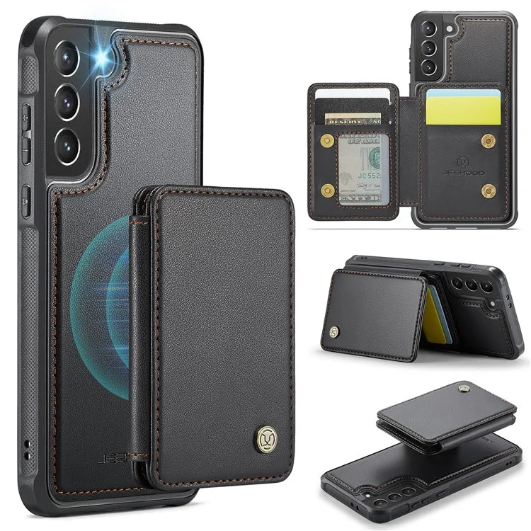 JEEHOOD J05 For Samsung Galaxy S21 5G / S21 4G Magnetic Case Kickstand PU+TPU Phone Cover with Card Bag