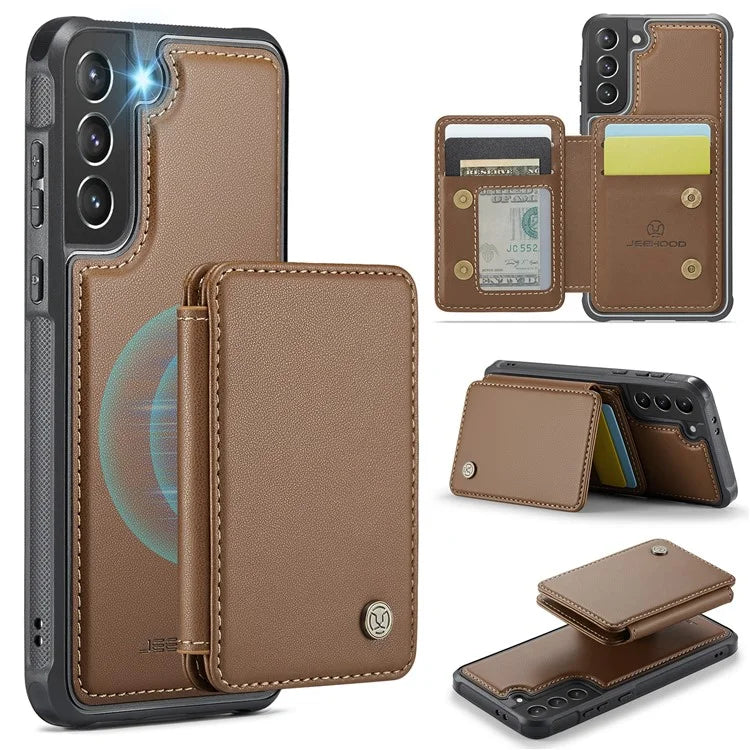 JEEHOOD J05 For Samsung Galaxy S21 5G / S21 4G Magnetic Case Kickstand PU+TPU Phone Cover with Card Bag