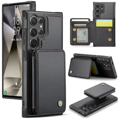 JEEHOOD J05 For Samsung Galaxy S24 Ultra Magnetic Case Card Holder Kickstand TPU Phone Cover