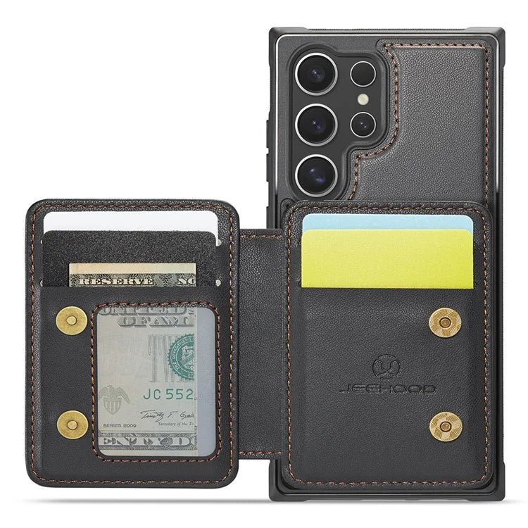 JEEHOOD J05 For Samsung Galaxy S24 Ultra Magnetic Case Card Holder Kickstand TPU Phone Cover
