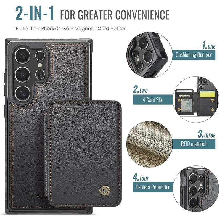 JEEHOOD J05 For Samsung Galaxy S24 Ultra Magnetic Case Card Holder Kickstand TPU Phone Cover