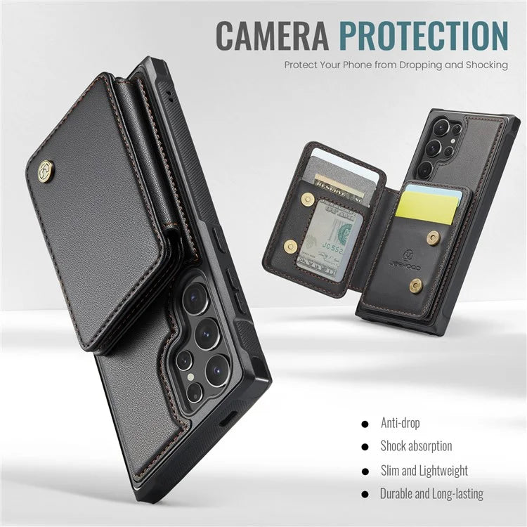 JEEHOOD J05 For Samsung Galaxy S24 Ultra Magnetic Case Card Holder Kickstand TPU Phone Cover