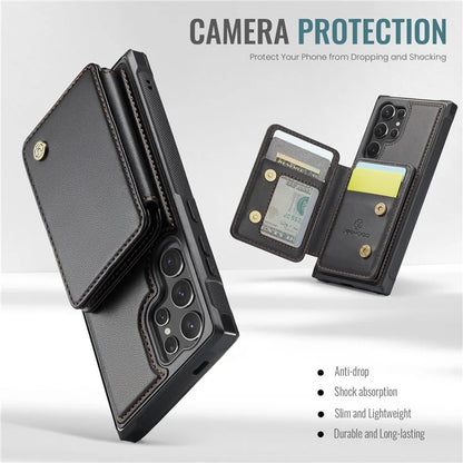 JEEHOOD J05 For Samsung Galaxy S24 Ultra Magnetic Case Card Holder Kickstand TPU Phone Cover