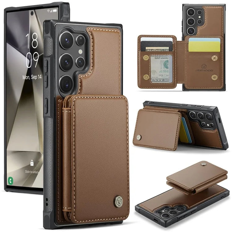 JEEHOOD J05 For Samsung Galaxy S24 Ultra Magnetic Case Card Holder Kickstand TPU Phone Cover