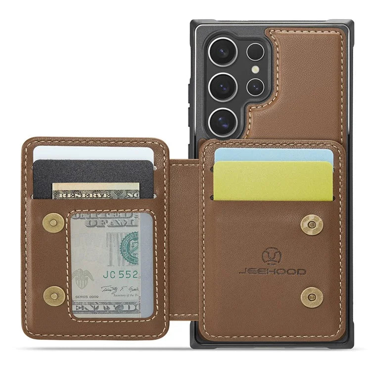 JEEHOOD J05 For Samsung Galaxy S24 Ultra Magnetic Case Card Holder Kickstand TPU Phone Cover