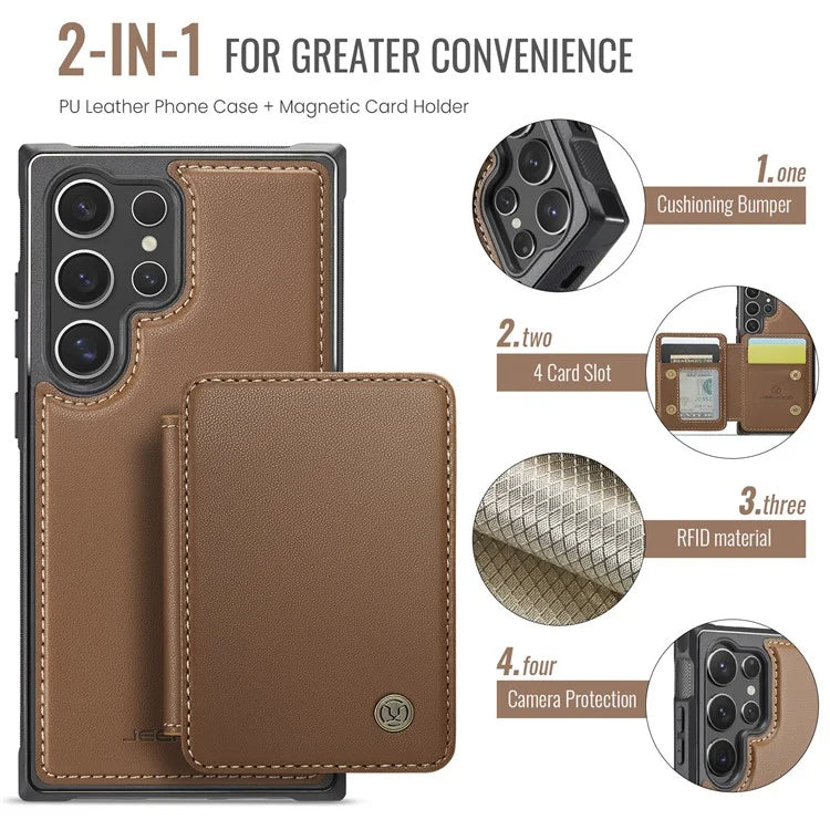 JEEHOOD J05 For Samsung Galaxy S24 Ultra Magnetic Case Card Holder Kickstand TPU Phone Cover