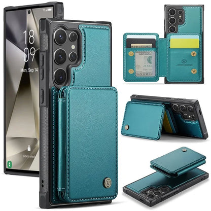 JEEHOOD J05 For Samsung Galaxy S24 Ultra Magnetic Case Card Holder Kickstand TPU Phone Cover