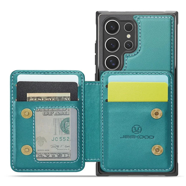 JEEHOOD J05 For Samsung Galaxy S24 Ultra Magnetic Case Card Holder Kickstand TPU Phone Cover