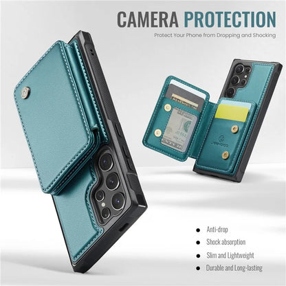 JEEHOOD J05 For Samsung Galaxy S24 Ultra Magnetic Case Card Holder Kickstand TPU Phone Cover