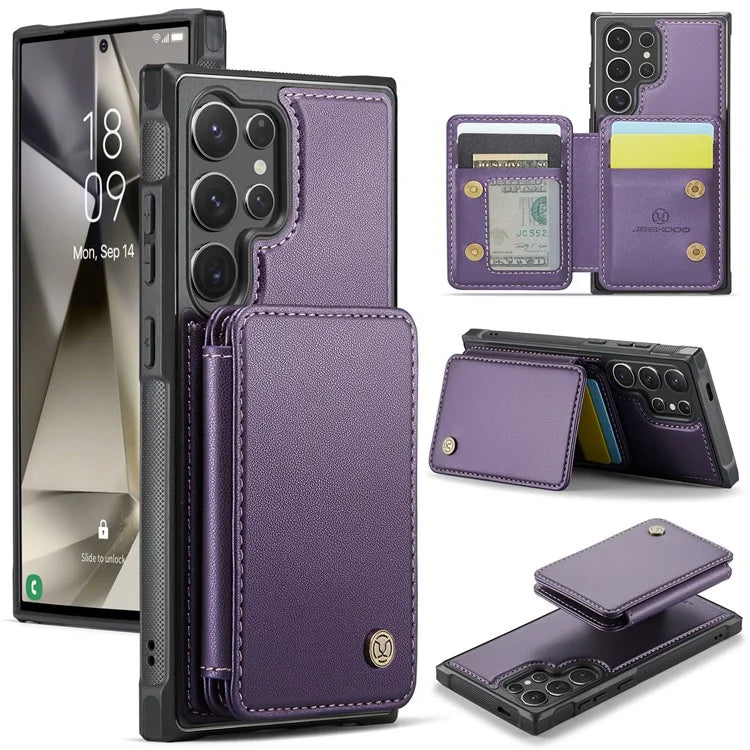 JEEHOOD J05 For Samsung Galaxy S24 Ultra Magnetic Case Card Holder Kickstand TPU Phone Cover