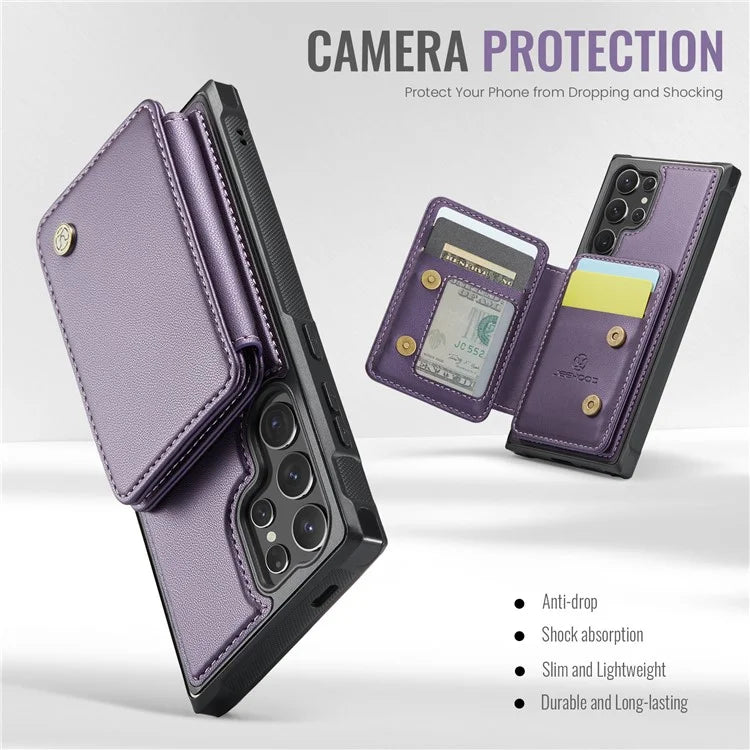 JEEHOOD J05 For Samsung Galaxy S24 Ultra Magnetic Case Card Holder Kickstand TPU Phone Cover